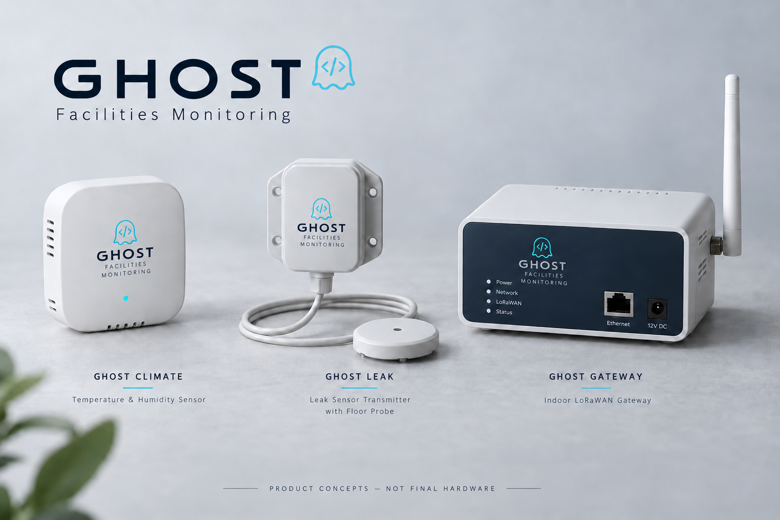 Concept renderings of Ghost Climate, Ghost Leak with floor probe and Ghost Gateway